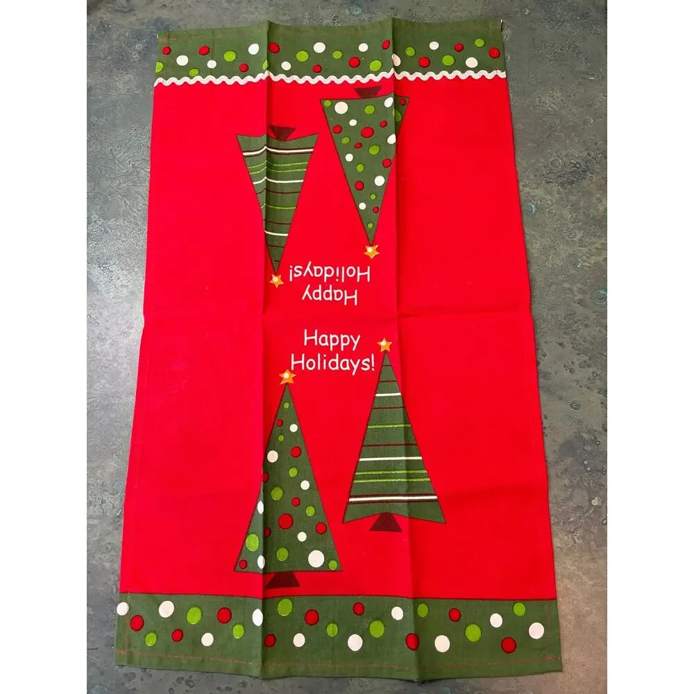 Christmas kitchen tea towels matching pair (2) festive red green holiday cotton